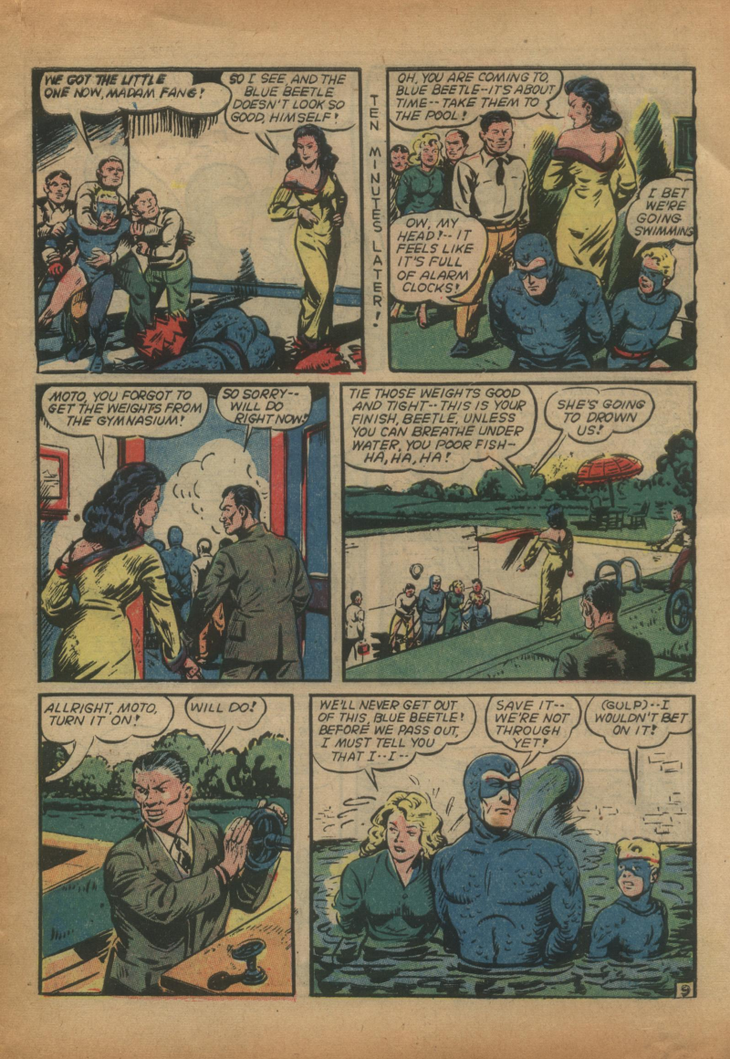 Blue Beetle (Fox / Dan Garrett), page 12. Blue Beetle (Dan Garrett). Public domain in the United States for Fox/Holyoke-era issues. Not Charlton or DC. Internet Archive folkscanomy scans used when Comic Book Plus returns 403.