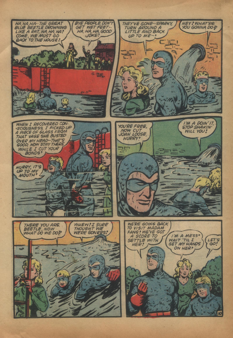 Blue Beetle (Fox / Dan Garrett), page 13. Blue Beetle (Dan Garrett). Public domain in the United States for Fox/Holyoke-era issues. Not Charlton or DC. Internet Archive folkscanomy scans used when Comic Book Plus returns 403.