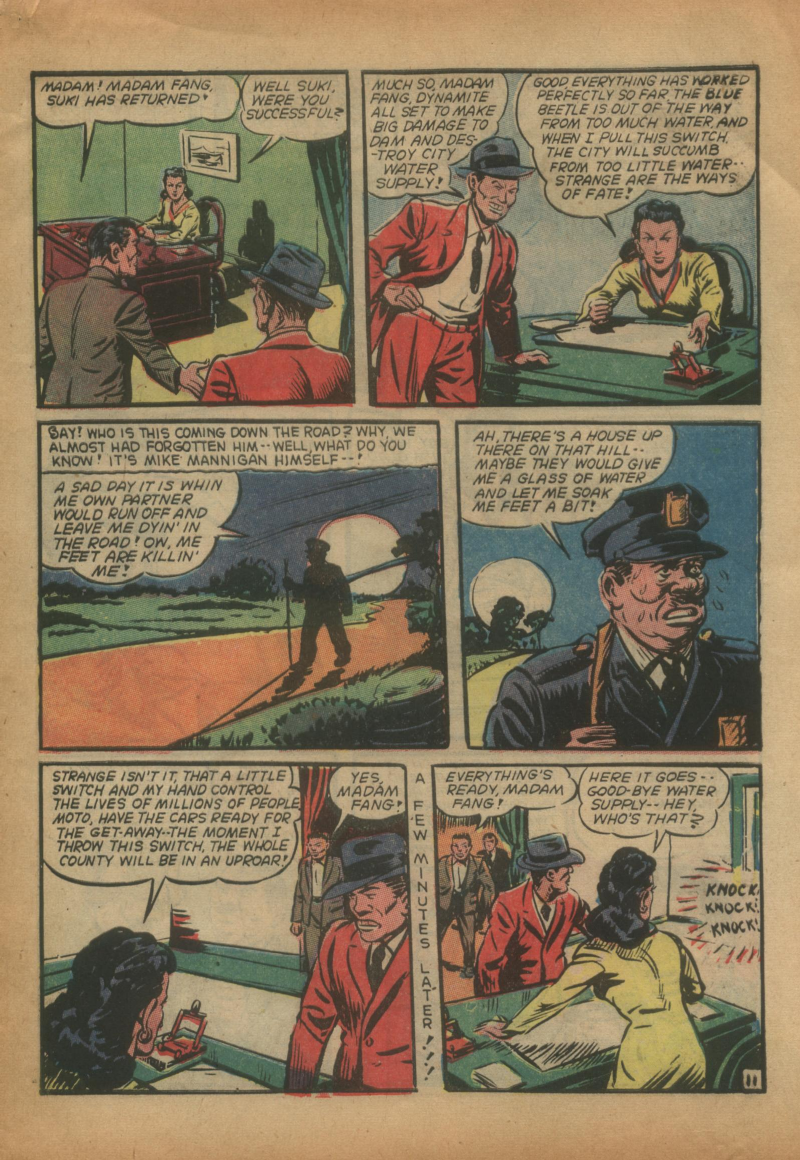 Blue Beetle (Fox / Dan Garrett), page 14. Blue Beetle (Dan Garrett). Public domain in the United States for Fox/Holyoke-era issues. Not Charlton or DC. Internet Archive folkscanomy scans used when Comic Book Plus returns 403.