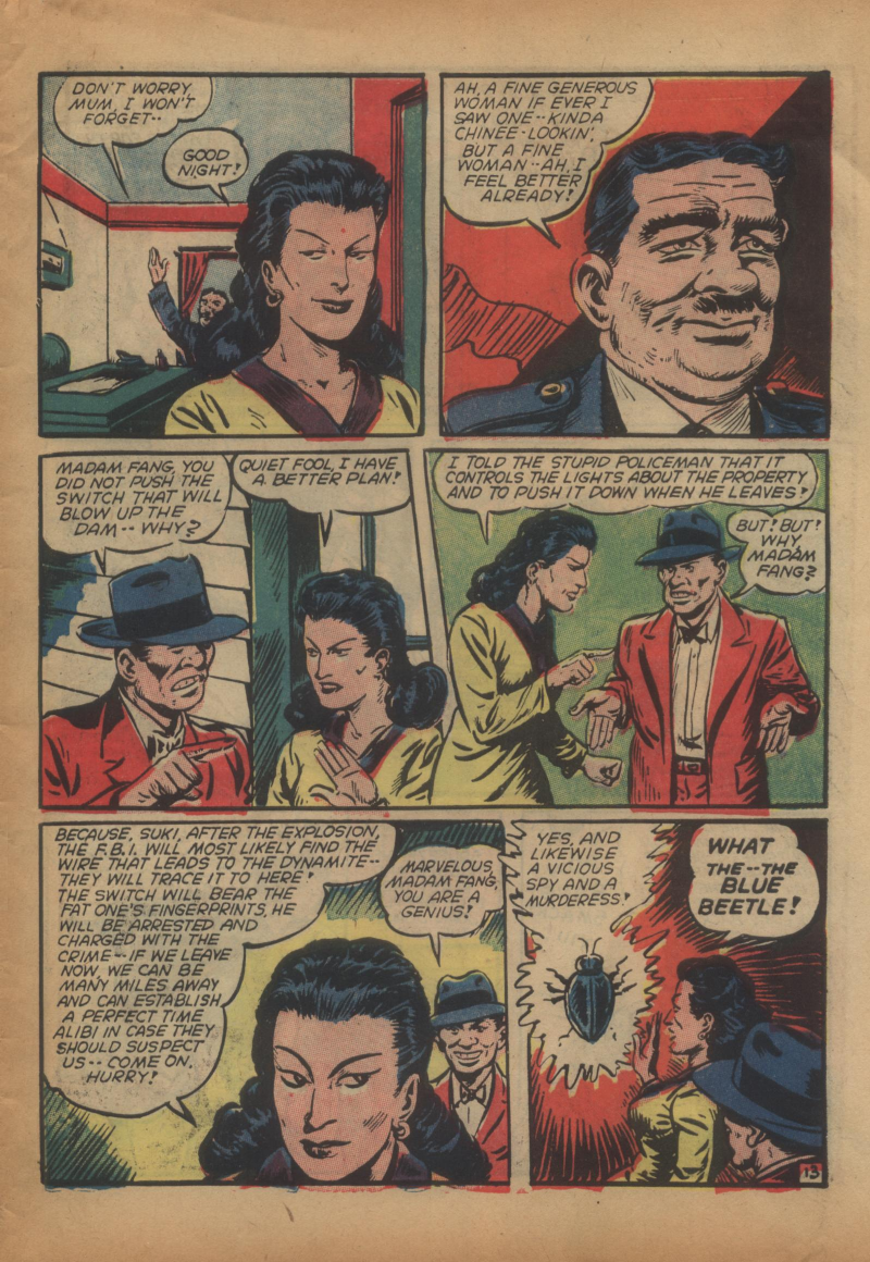 Blue Beetle (Fox / Dan Garrett), page 16. Blue Beetle (Dan Garrett). Public domain in the United States for Fox/Holyoke-era issues. Not Charlton or DC. Internet Archive folkscanomy scans used when Comic Book Plus returns 403.