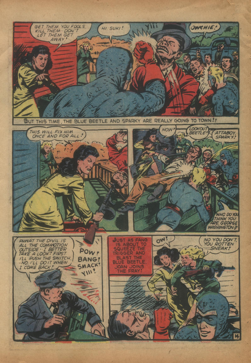 Blue Beetle (Fox / Dan Garrett), page 17. Blue Beetle (Dan Garrett). Public domain in the United States for Fox/Holyoke-era issues. Not Charlton or DC. Internet Archive folkscanomy scans used when Comic Book Plus returns 403.