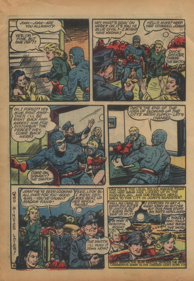Blue Beetle (Fox / Dan Garrett), page 18. Blue Beetle (Dan Garrett). Public domain in the United States for Fox/Holyoke-era issues. Not Charlton or DC. Internet Archive folkscanomy scans used when Comic Book Plus returns 403.
