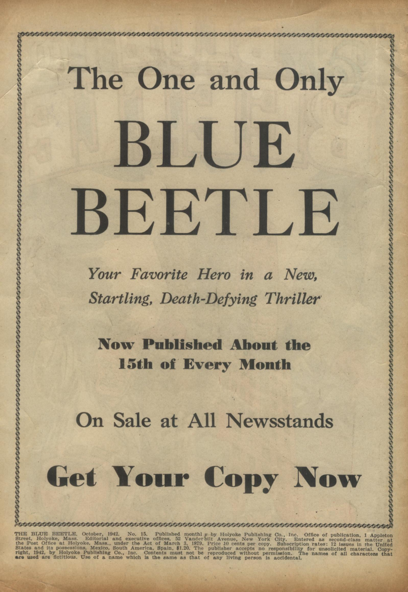 Blue Beetle (Fox / Dan Garrett), page 3. Blue Beetle (Dan Garrett). Public domain in the United States for Fox/Holyoke-era issues. Not Charlton or DC. Internet Archive folkscanomy scans used when Comic Book Plus returns 403.