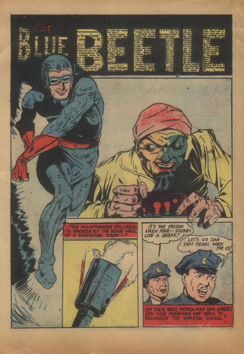 Blue Beetle (Fox / Dan Garrett), page 21. Blue Beetle (Dan Garrett). Public domain in the United States for Fox/Holyoke-era issues. Not Charlton or DC. Internet Archive folkscanomy scans used when Comic Book Plus returns 403.