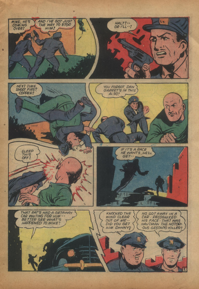 Blue Beetle (Fox / Dan Garrett), page 22. Blue Beetle (Dan Garrett). Public domain in the United States for Fox/Holyoke-era issues. Not Charlton or DC. Internet Archive folkscanomy scans used when Comic Book Plus returns 403.