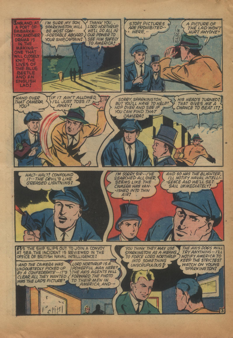 Blue Beetle (Fox / Dan Garrett), page 23. Blue Beetle (Dan Garrett). Public domain in the United States for Fox/Holyoke-era issues. Not Charlton or DC. Internet Archive folkscanomy scans used when Comic Book Plus returns 403.
