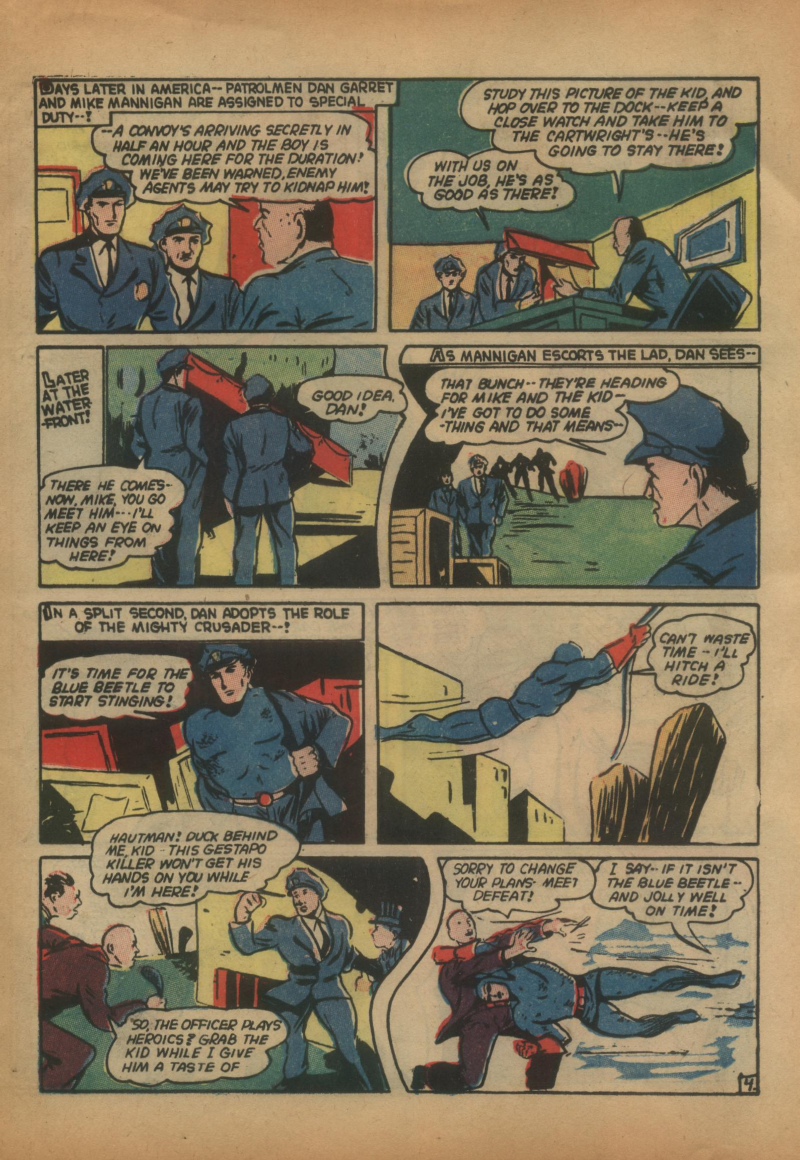 Blue Beetle (Fox / Dan Garrett), page 24. Blue Beetle (Dan Garrett). Public domain in the United States for Fox/Holyoke-era issues. Not Charlton or DC. Internet Archive folkscanomy scans used when Comic Book Plus returns 403.