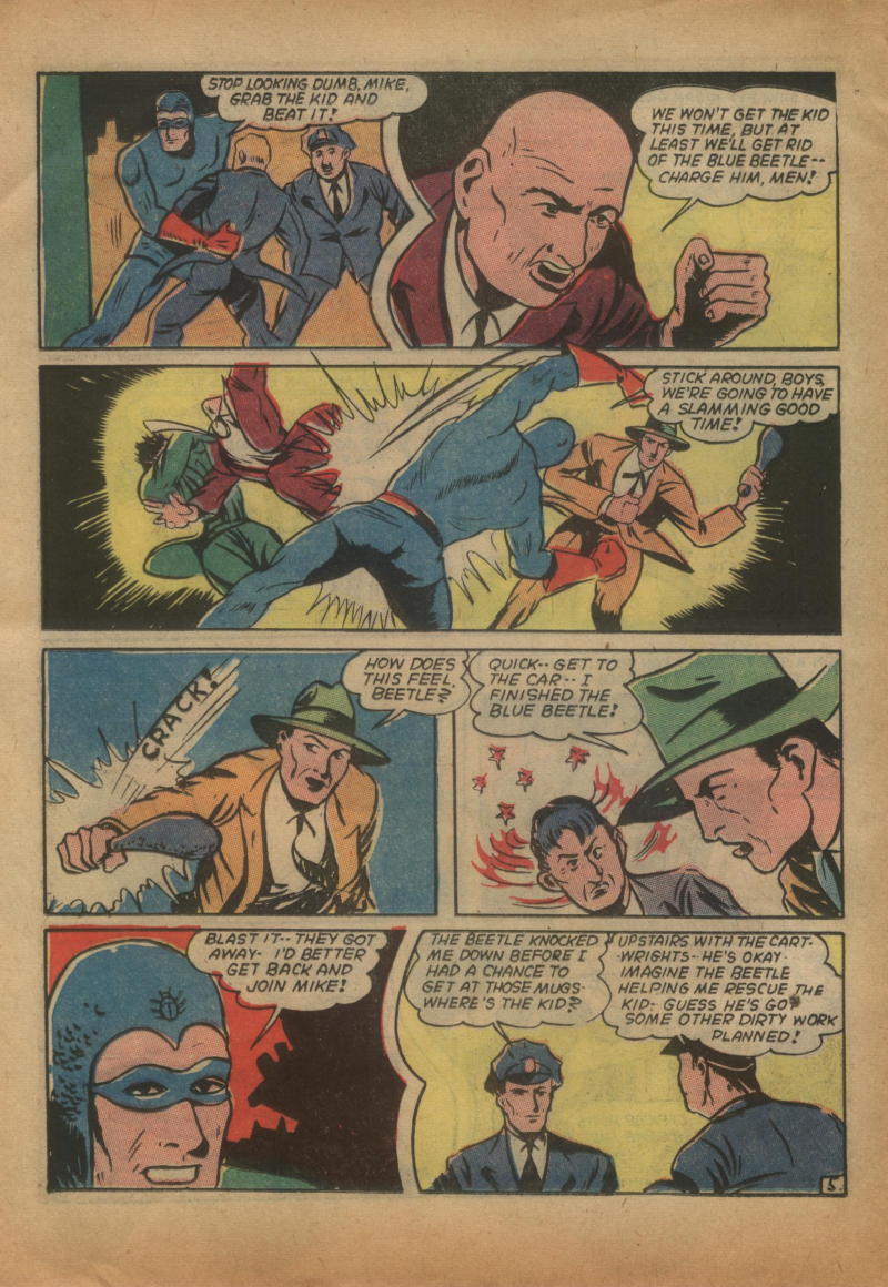 Blue Beetle (Fox / Dan Garrett), page 25. Blue Beetle (Dan Garrett). Public domain in the United States for Fox/Holyoke-era issues. Not Charlton or DC. Internet Archive folkscanomy scans used when Comic Book Plus returns 403.
