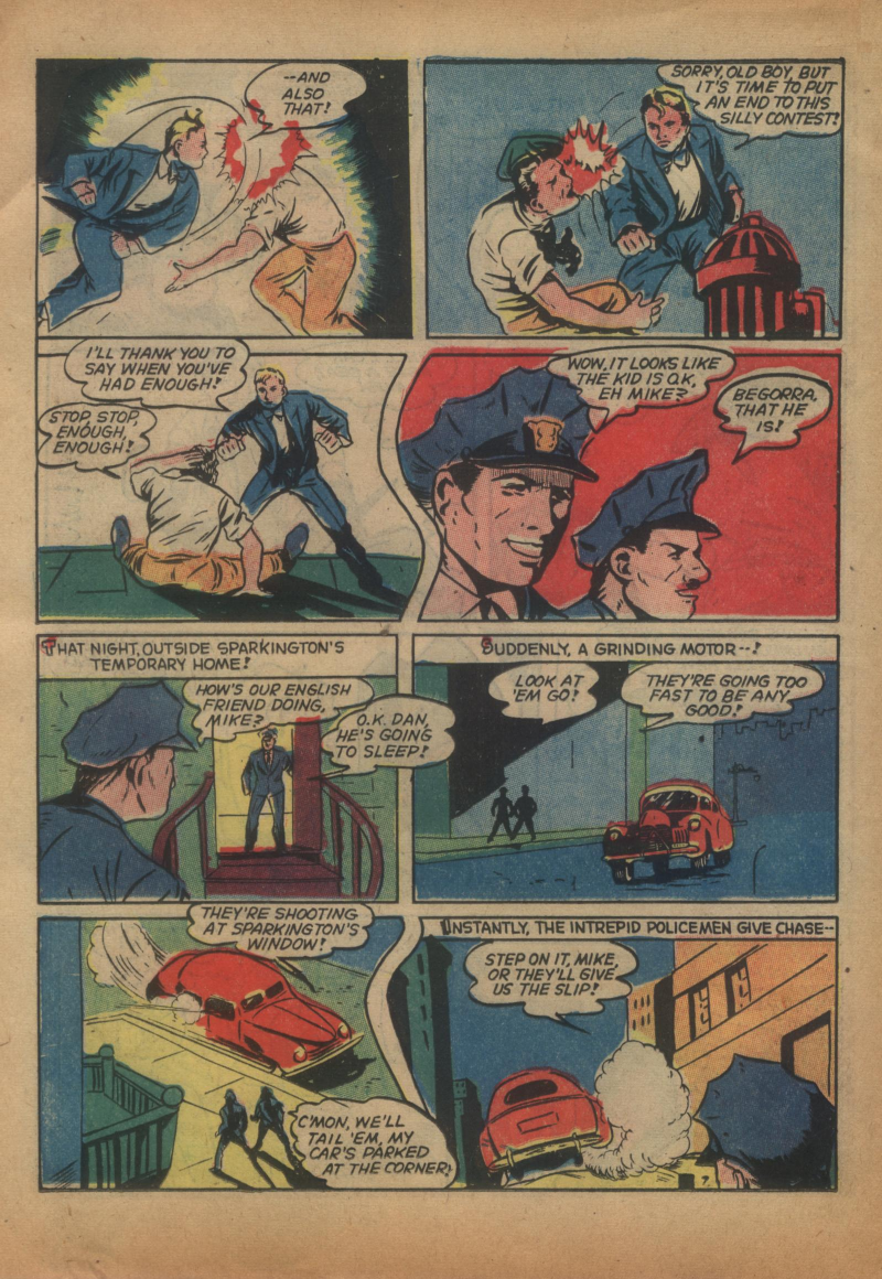 Blue Beetle (Fox / Dan Garrett), page 27. Blue Beetle (Dan Garrett). Public domain in the United States for Fox/Holyoke-era issues. Not Charlton or DC. Internet Archive folkscanomy scans used when Comic Book Plus returns 403.