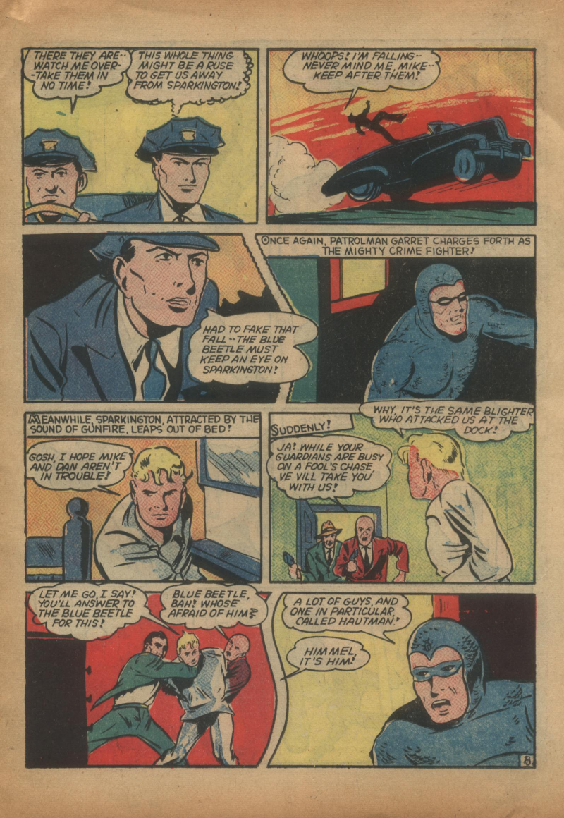 Blue Beetle (Fox / Dan Garrett), page 28. Blue Beetle (Dan Garrett). Public domain in the United States for Fox/Holyoke-era issues. Not Charlton or DC. Internet Archive folkscanomy scans used when Comic Book Plus returns 403.