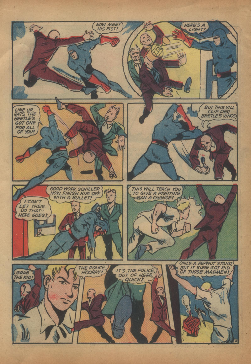 Blue Beetle (Fox / Dan Garrett), page 29. Blue Beetle (Dan Garrett). Public domain in the United States for Fox/Holyoke-era issues. Not Charlton or DC. Internet Archive folkscanomy scans used when Comic Book Plus returns 403.
