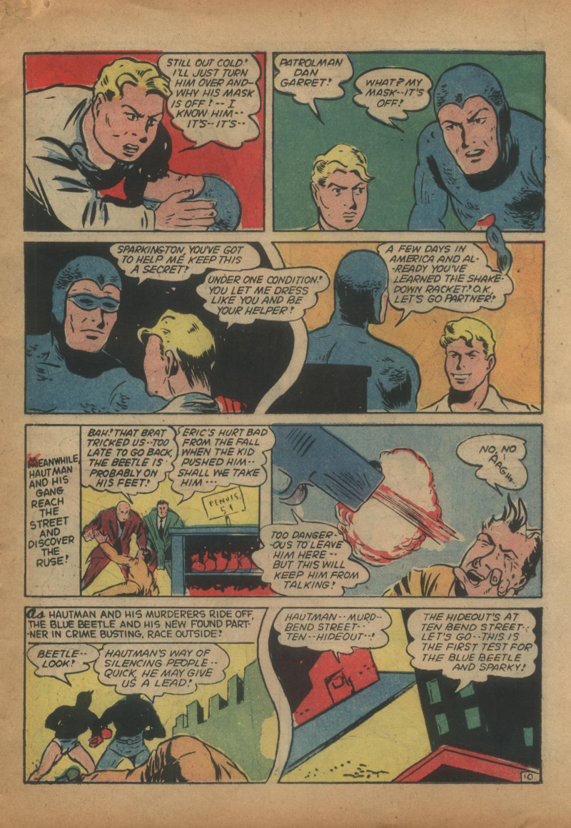 Blue Beetle (Fox / Dan Garrett), page 30. Blue Beetle (Dan Garrett). Public domain in the United States for Fox/Holyoke-era issues. Not Charlton or DC. Internet Archive folkscanomy scans used when Comic Book Plus returns 403.