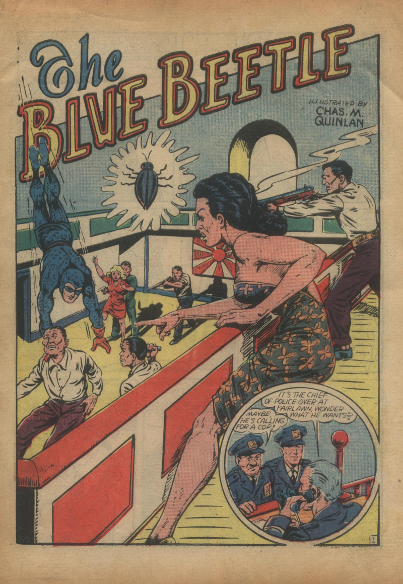 Blue Beetle (Fox / Dan Garrett), page 4. Blue Beetle (Dan Garrett). Public domain in the United States for Fox/Holyoke-era issues. Not Charlton or DC. Internet Archive folkscanomy scans used when Comic Book Plus returns 403.