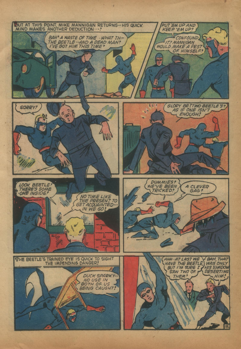 Blue Beetle (Fox / Dan Garrett), page 31. Blue Beetle (Dan Garrett). Public domain in the United States for Fox/Holyoke-era issues. Not Charlton or DC. Internet Archive folkscanomy scans used when Comic Book Plus returns 403.