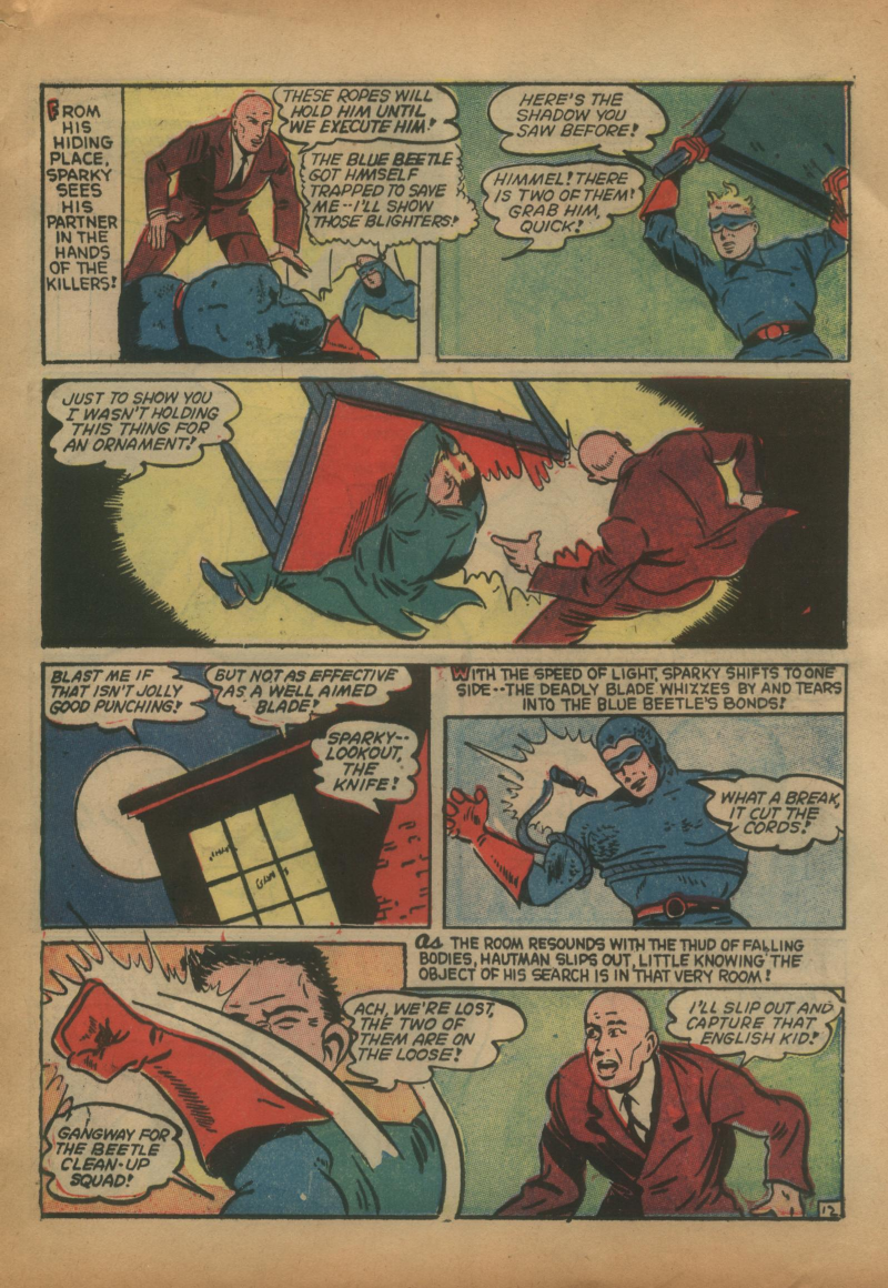 Blue Beetle (Fox / Dan Garrett), page 32. Blue Beetle (Dan Garrett). Public domain in the United States for Fox/Holyoke-era issues. Not Charlton or DC. Internet Archive folkscanomy scans used when Comic Book Plus returns 403.
