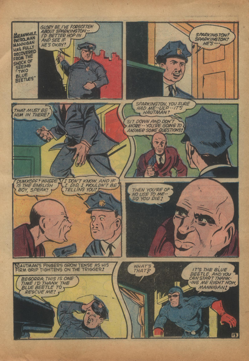 Blue Beetle (Fox / Dan Garrett), page 33. Blue Beetle (Dan Garrett). Public domain in the United States for Fox/Holyoke-era issues. Not Charlton or DC. Internet Archive folkscanomy scans used when Comic Book Plus returns 403.