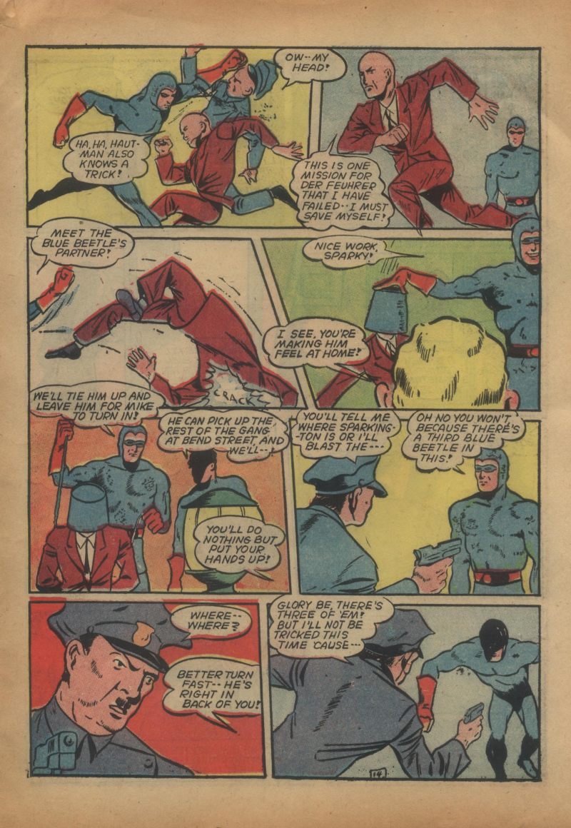 Blue Beetle (Fox / Dan Garrett), page 34. Blue Beetle (Dan Garrett). Public domain in the United States for Fox/Holyoke-era issues. Not Charlton or DC. Internet Archive folkscanomy scans used when Comic Book Plus returns 403.
