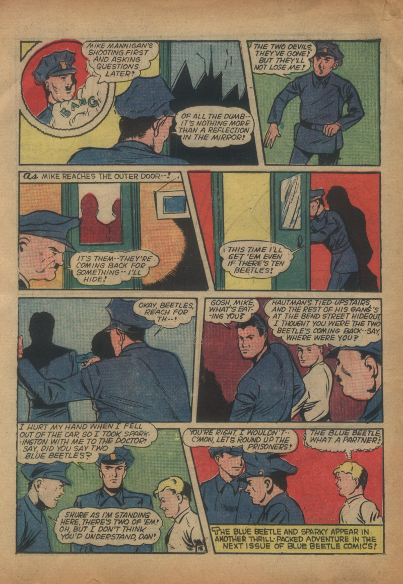 Blue Beetle (Fox / Dan Garrett), page 35. Blue Beetle (Dan Garrett). Public domain in the United States for Fox/Holyoke-era issues. Not Charlton or DC. Internet Archive folkscanomy scans used when Comic Book Plus returns 403.