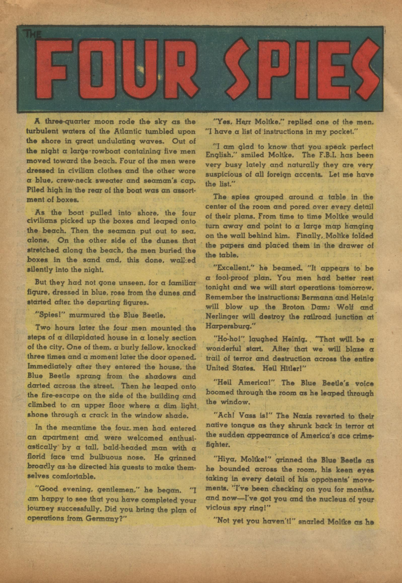 Blue Beetle (Fox / Dan Garrett), page 36. Blue Beetle (Dan Garrett). Public domain in the United States for Fox/Holyoke-era issues. Not Charlton or DC. Internet Archive folkscanomy scans used when Comic Book Plus returns 403.