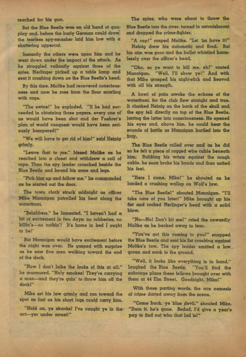 Blue Beetle (Fox / Dan Garrett), page 37. Blue Beetle (Dan Garrett). Public domain in the United States for Fox/Holyoke-era issues. Not Charlton or DC. Internet Archive folkscanomy scans used when Comic Book Plus returns 403.