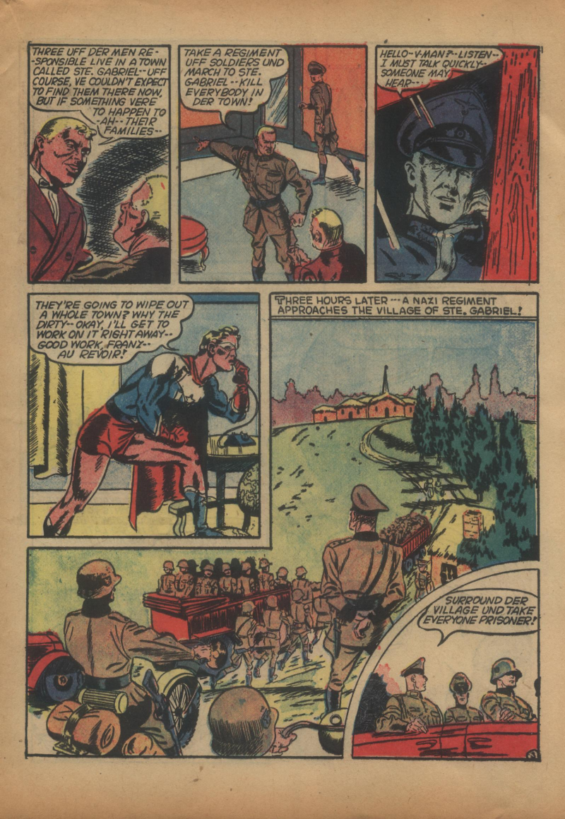 Blue Beetle (Fox / Dan Garrett), page 40. Blue Beetle (Dan Garrett). Public domain in the United States for Fox/Holyoke-era issues. Not Charlton or DC. Internet Archive folkscanomy scans used when Comic Book Plus returns 403.