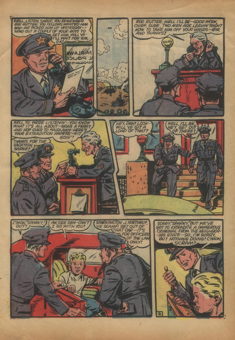 Blue Beetle (Fox / Dan Garrett), page 5. Blue Beetle (Dan Garrett). Public domain in the United States for Fox/Holyoke-era issues. Not Charlton or DC. Internet Archive folkscanomy scans used when Comic Book Plus returns 403.