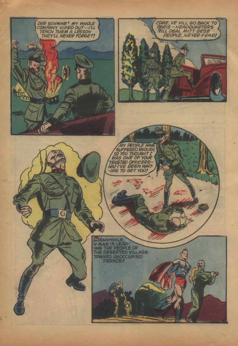 Blue Beetle (Fox / Dan Garrett), page 42. Blue Beetle (Dan Garrett). Public domain in the United States for Fox/Holyoke-era issues. Not Charlton or DC. Internet Archive folkscanomy scans used when Comic Book Plus returns 403.
