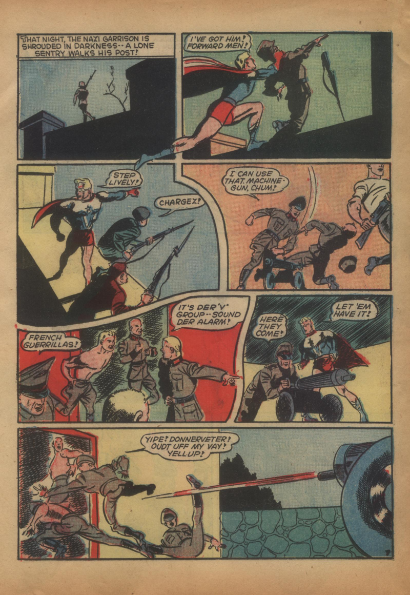 Blue Beetle (Fox / Dan Garrett), page 45. Blue Beetle (Dan Garrett). Public domain in the United States for Fox/Holyoke-era issues. Not Charlton or DC. Internet Archive folkscanomy scans used when Comic Book Plus returns 403.