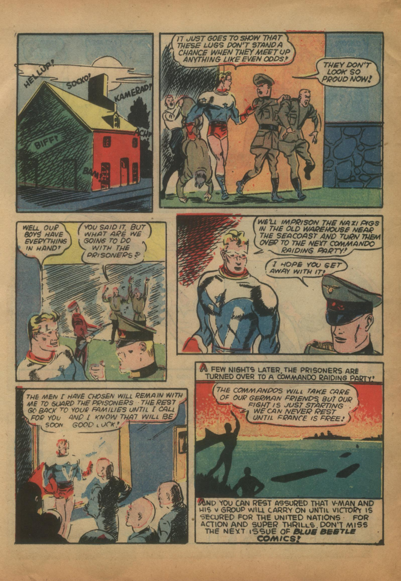 Blue Beetle (Fox / Dan Garrett), page 47. Blue Beetle (Dan Garrett). Public domain in the United States for Fox/Holyoke-era issues. Not Charlton or DC. Internet Archive folkscanomy scans used when Comic Book Plus returns 403.