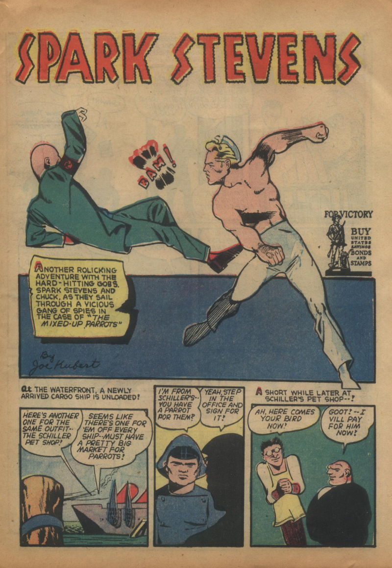 Blue Beetle (Fox / Dan Garrett), page 48. Blue Beetle (Dan Garrett). Public domain in the United States for Fox/Holyoke-era issues. Not Charlton or DC. Internet Archive folkscanomy scans used when Comic Book Plus returns 403.