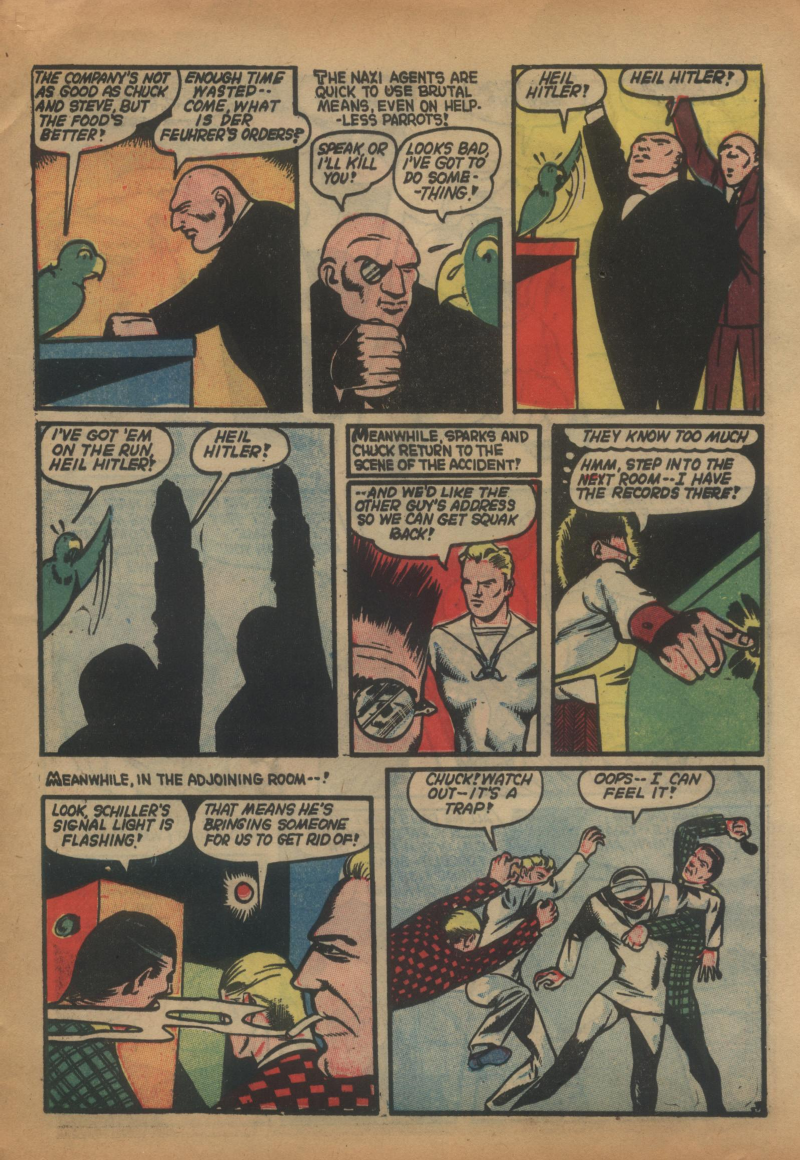 Blue Beetle (Fox / Dan Garrett), page 50. Blue Beetle (Dan Garrett). Public domain in the United States for Fox/Holyoke-era issues. Not Charlton or DC. Internet Archive folkscanomy scans used when Comic Book Plus returns 403.