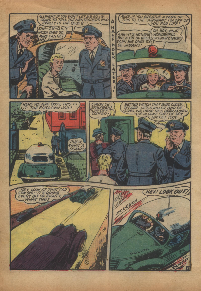 Blue Beetle (Fox / Dan Garrett), page 6. Blue Beetle (Dan Garrett). Public domain in the United States for Fox/Holyoke-era issues. Not Charlton or DC. Internet Archive folkscanomy scans used when Comic Book Plus returns 403.