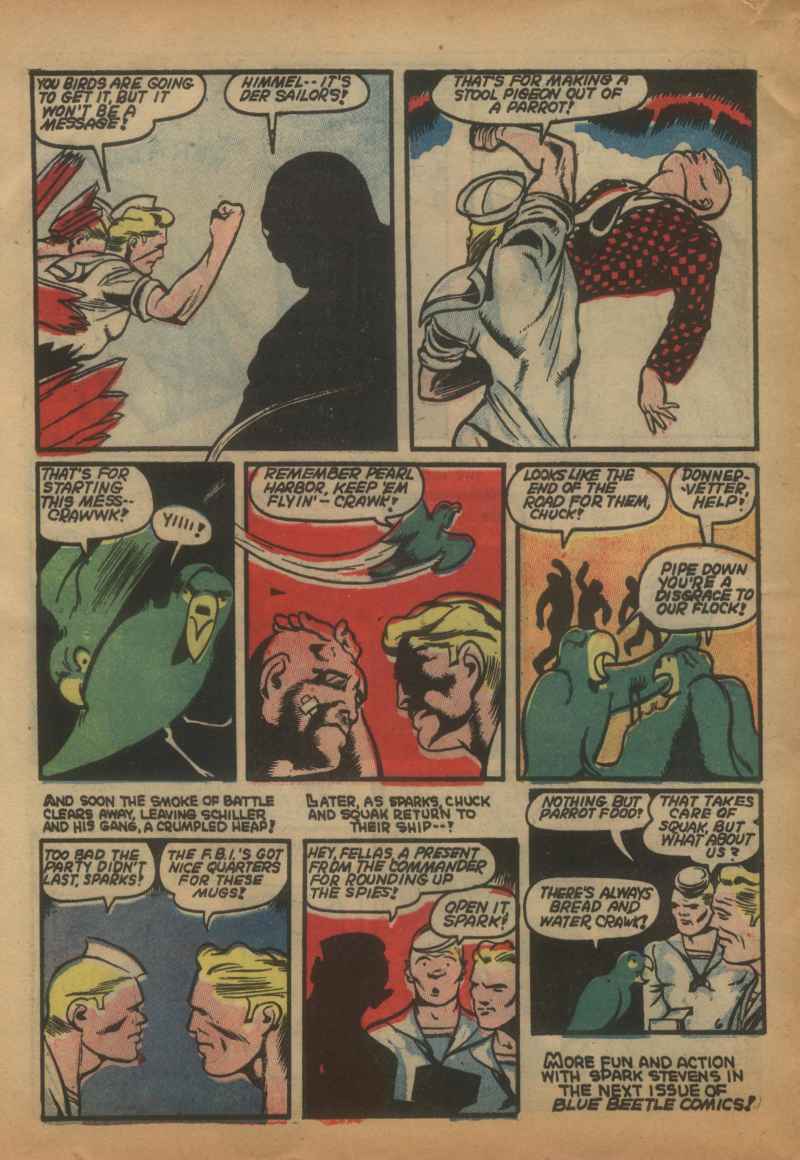 Blue Beetle (Fox / Dan Garrett), page 53. Blue Beetle (Dan Garrett). Public domain in the United States for Fox/Holyoke-era issues. Not Charlton or DC. Internet Archive folkscanomy scans used when Comic Book Plus returns 403.
