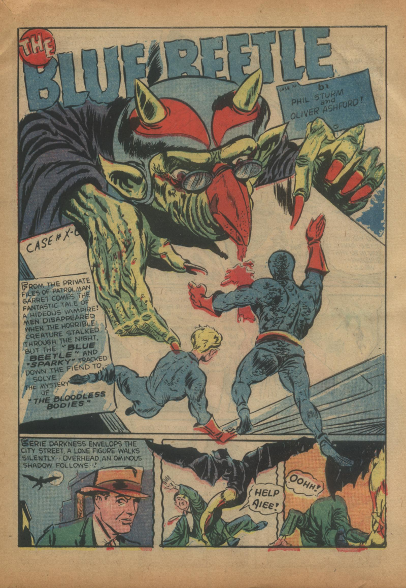 Blue Beetle (Fox / Dan Garrett), page 54. Blue Beetle (Dan Garrett). Public domain in the United States for Fox/Holyoke-era issues. Not Charlton or DC. Internet Archive folkscanomy scans used when Comic Book Plus returns 403.