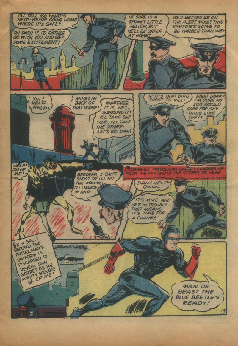 Blue Beetle (Fox / Dan Garrett), page 56. Blue Beetle (Dan Garrett). Public domain in the United States for Fox/Holyoke-era issues. Not Charlton or DC. Internet Archive folkscanomy scans used when Comic Book Plus returns 403.
