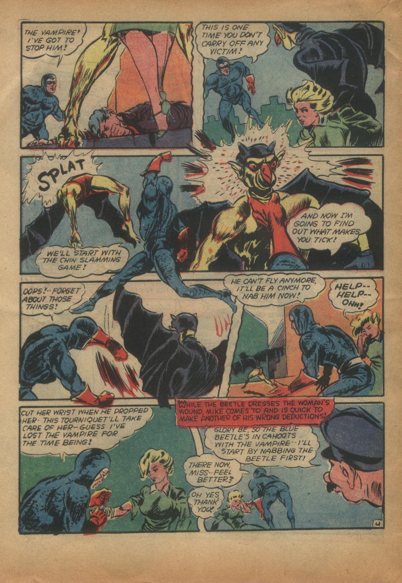 Blue Beetle (Fox / Dan Garrett), page 57. Blue Beetle (Dan Garrett). Public domain in the United States for Fox/Holyoke-era issues. Not Charlton or DC. Internet Archive folkscanomy scans used when Comic Book Plus returns 403.