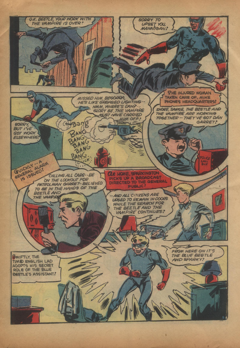 Blue Beetle (Fox / Dan Garrett), page 58. Blue Beetle (Dan Garrett). Public domain in the United States for Fox/Holyoke-era issues. Not Charlton or DC. Internet Archive folkscanomy scans used when Comic Book Plus returns 403.