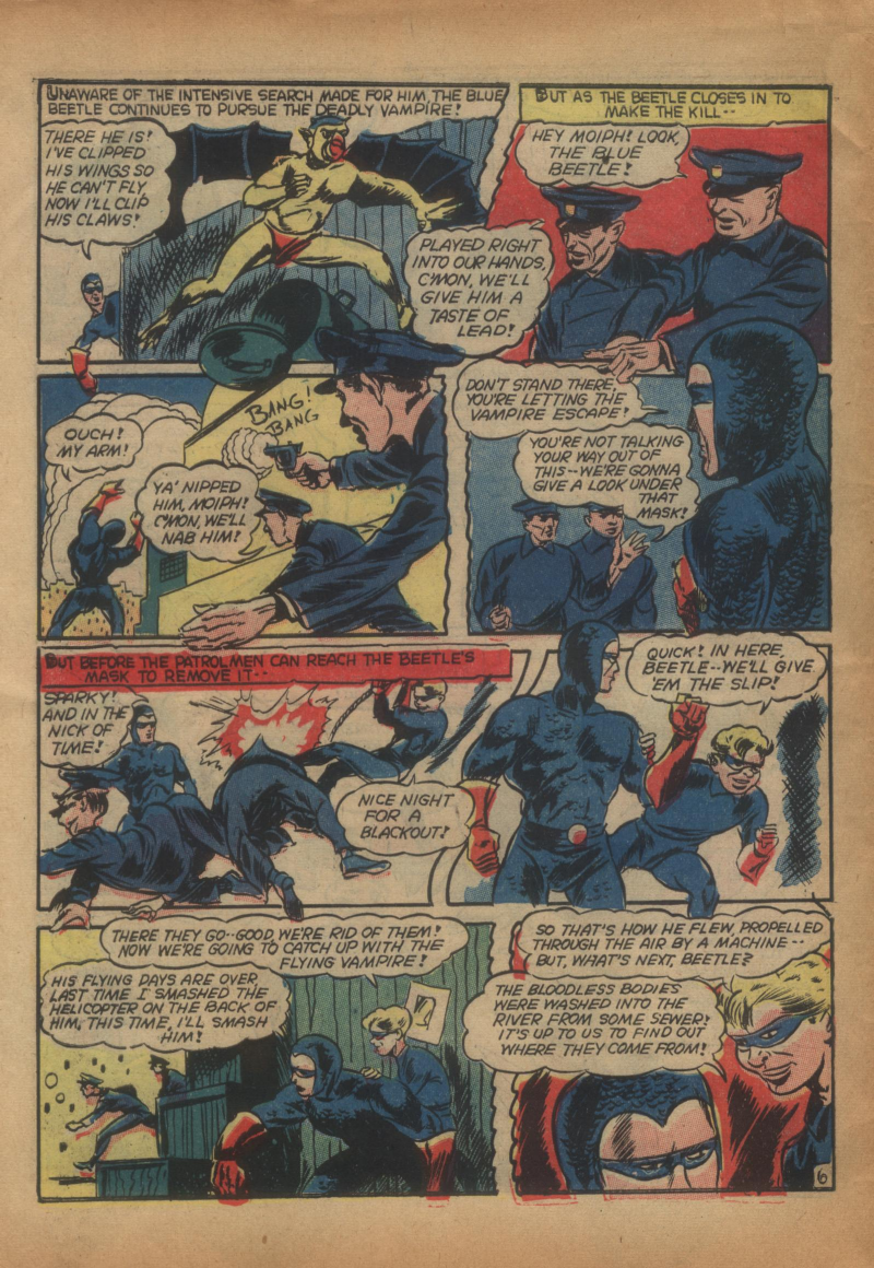 Blue Beetle (Fox / Dan Garrett), page 59. Blue Beetle (Dan Garrett). Public domain in the United States for Fox/Holyoke-era issues. Not Charlton or DC. Internet Archive folkscanomy scans used when Comic Book Plus returns 403.