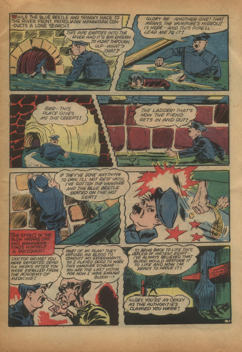Blue Beetle (Fox / Dan Garrett), page 60. Blue Beetle (Dan Garrett). Public domain in the United States for Fox/Holyoke-era issues. Not Charlton or DC. Internet Archive folkscanomy scans used when Comic Book Plus returns 403.