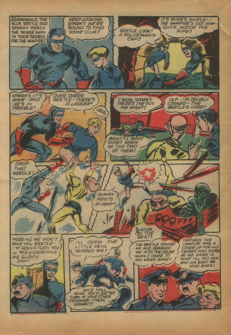 Blue Beetle (Fox / Dan Garrett), page 61. Blue Beetle (Dan Garrett). Public domain in the United States for Fox/Holyoke-era issues. Not Charlton or DC. Internet Archive folkscanomy scans used when Comic Book Plus returns 403.