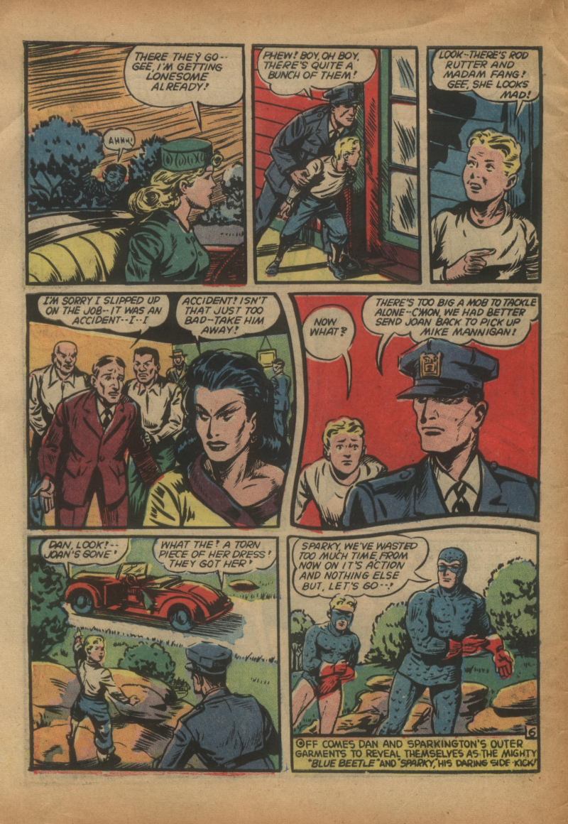 Blue Beetle (Fox / Dan Garrett), page 9. Blue Beetle (Dan Garrett). Public domain in the United States for Fox/Holyoke-era issues. Not Charlton or DC. Internet Archive folkscanomy scans used when Comic Book Plus returns 403.