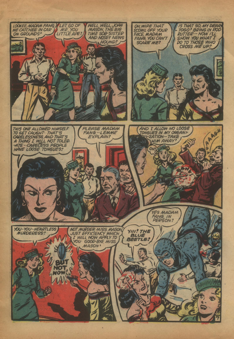 Blue Beetle (Fox / Dan Garrett), page 10. Blue Beetle (Dan Garrett). Public domain in the United States for Fox/Holyoke-era issues. Not Charlton or DC. Internet Archive folkscanomy scans used when Comic Book Plus returns 403.
