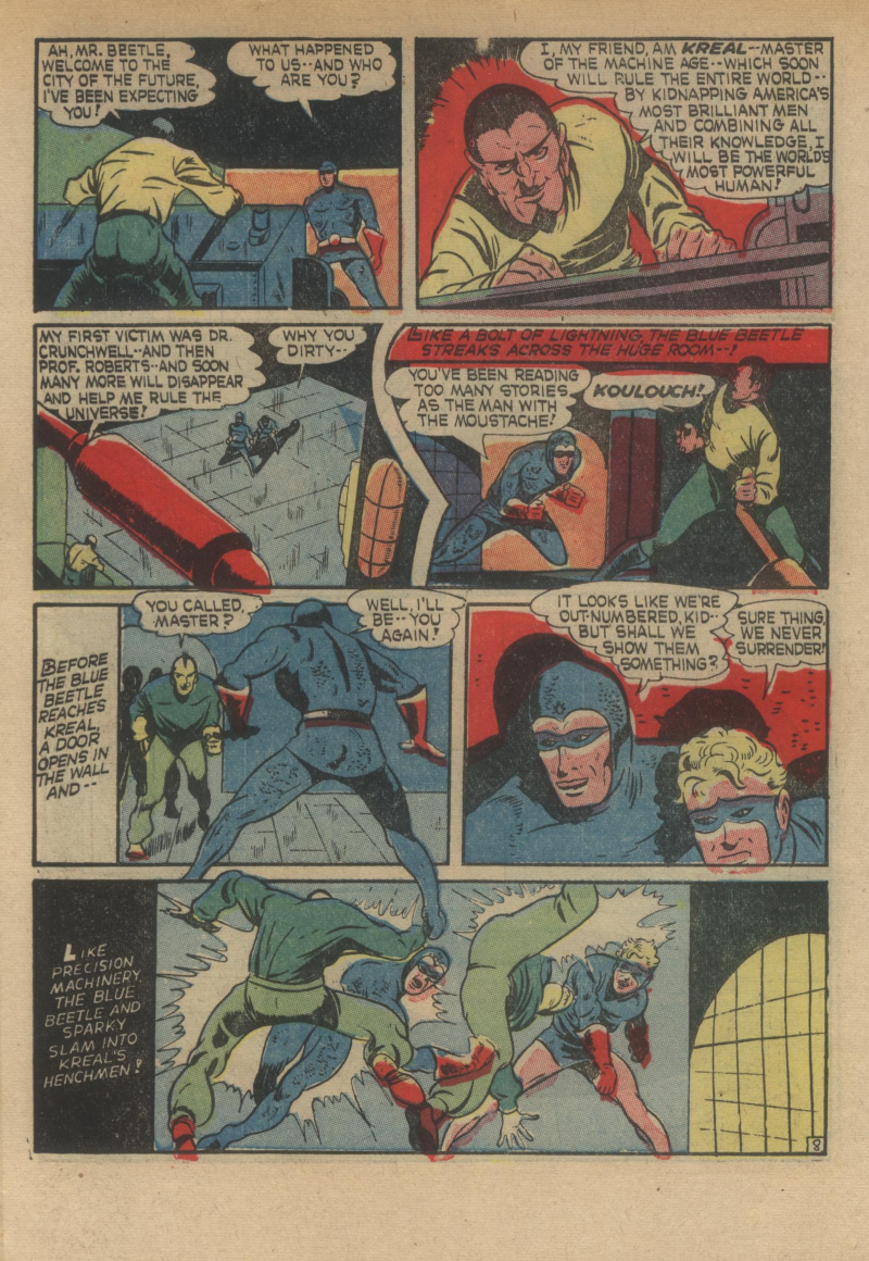 Blue Beetle (Fox / Dan Garrett), page 11. Blue Beetle (Dan Garrett). Public domain in the United States for Fox/Holyoke-era issues. Not Charlton or DC. Internet Archive folkscanomy scans used when Comic Book Plus returns 403.