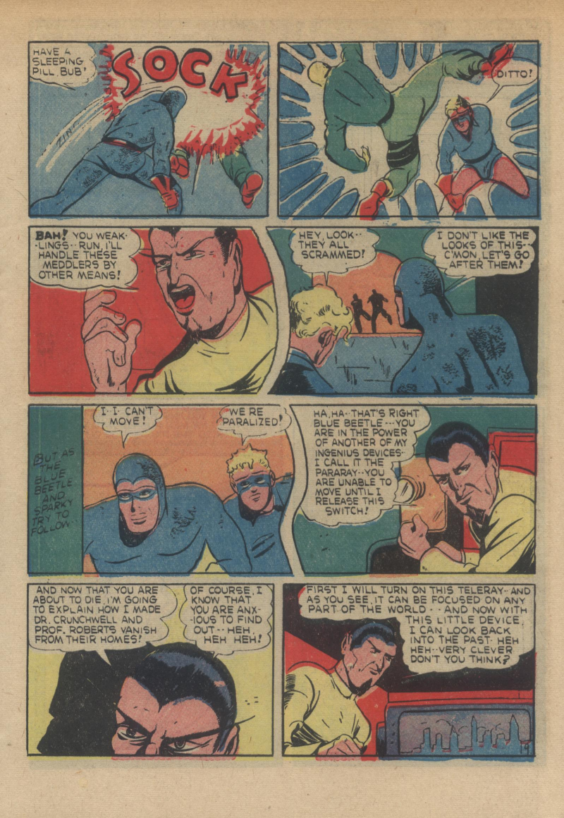 Blue Beetle (Fox / Dan Garrett), page 12. Blue Beetle (Dan Garrett). Public domain in the United States for Fox/Holyoke-era issues. Not Charlton or DC. Internet Archive folkscanomy scans used when Comic Book Plus returns 403.