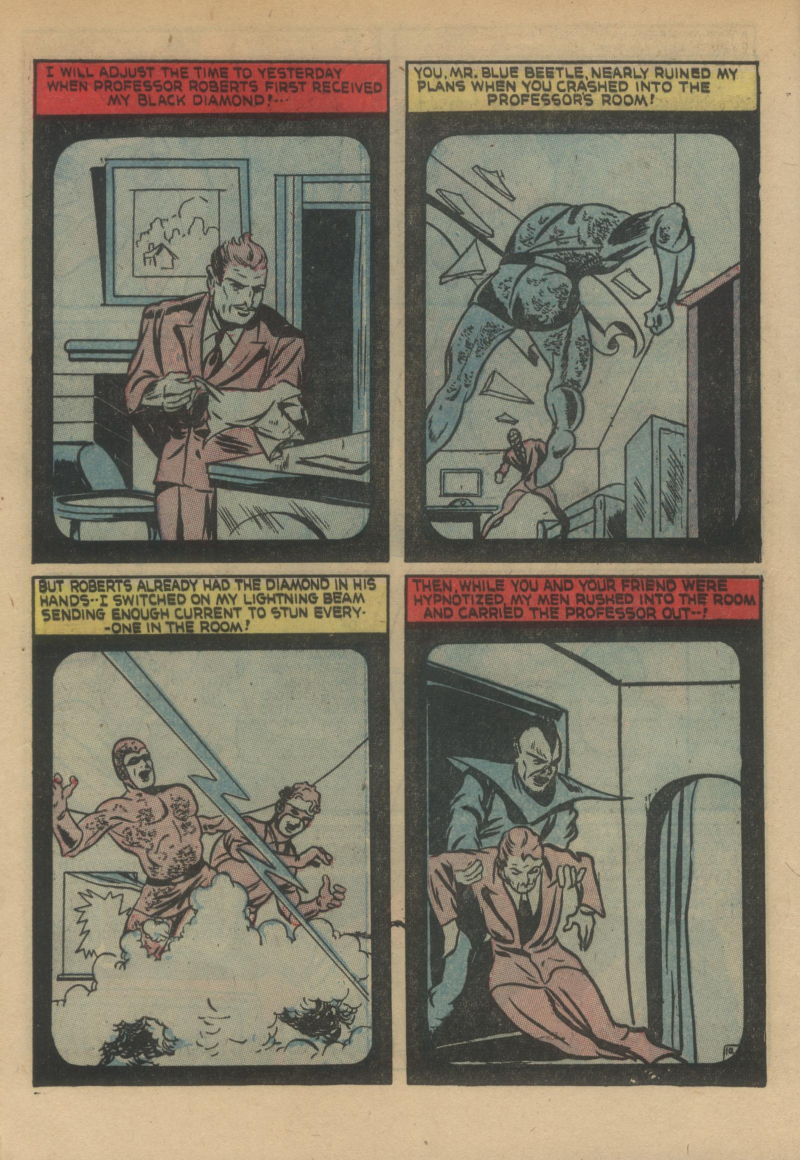 Blue Beetle (Fox / Dan Garrett), page 13. Blue Beetle (Dan Garrett). Public domain in the United States for Fox/Holyoke-era issues. Not Charlton or DC. Internet Archive folkscanomy scans used when Comic Book Plus returns 403.