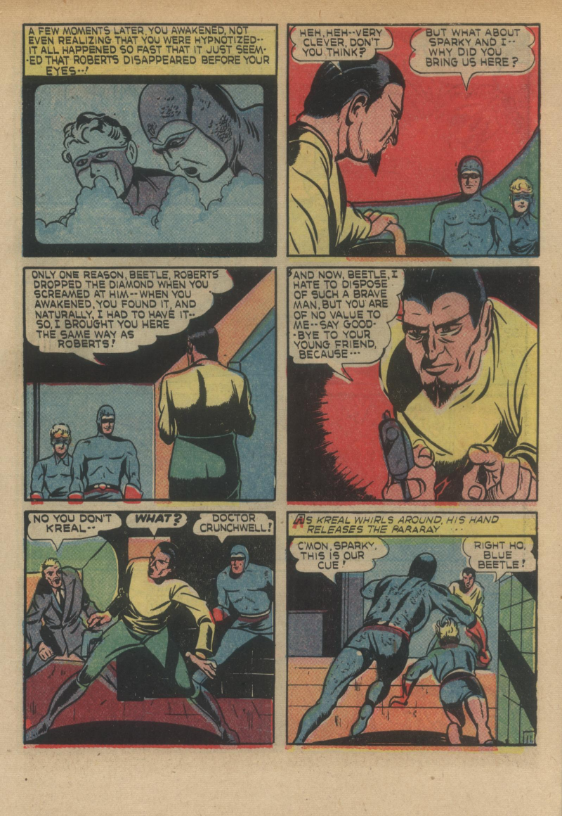 Blue Beetle (Fox / Dan Garrett), page 14. Blue Beetle (Dan Garrett). Public domain in the United States for Fox/Holyoke-era issues. Not Charlton or DC. Internet Archive folkscanomy scans used when Comic Book Plus returns 403.