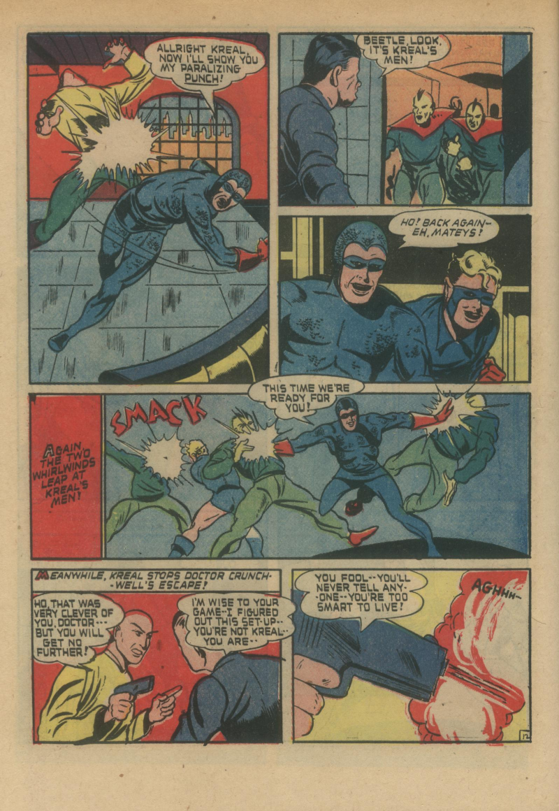 Blue Beetle (Fox / Dan Garrett), page 15. Blue Beetle (Dan Garrett). Public domain in the United States for Fox/Holyoke-era issues. Not Charlton or DC. Internet Archive folkscanomy scans used when Comic Book Plus returns 403.