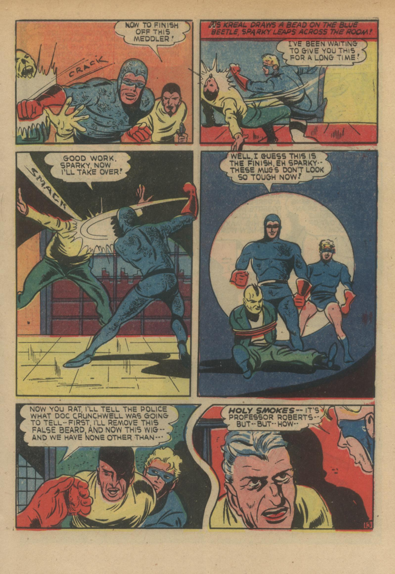 Blue Beetle (Fox / Dan Garrett), page 16. Blue Beetle (Dan Garrett). Public domain in the United States for Fox/Holyoke-era issues. Not Charlton or DC. Internet Archive folkscanomy scans used when Comic Book Plus returns 403.