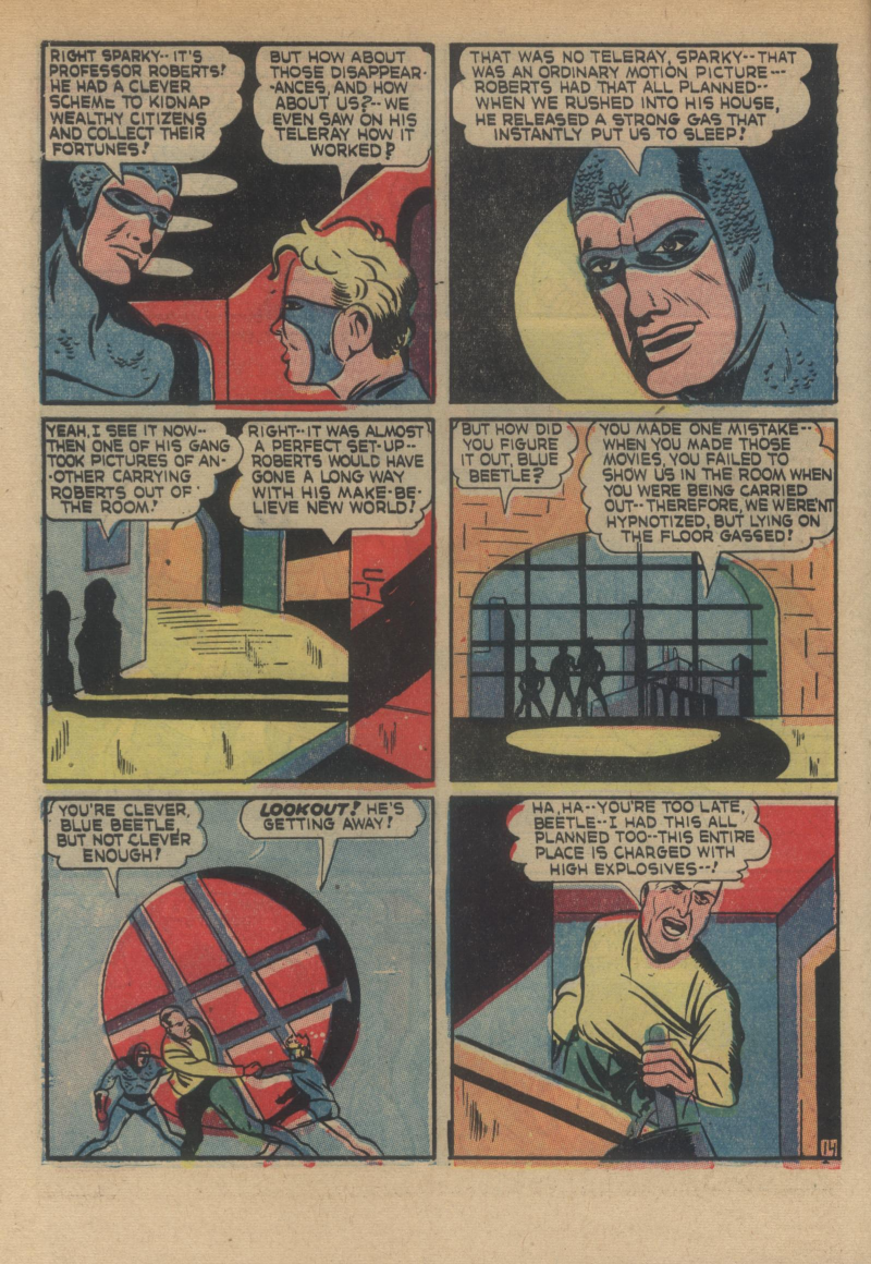 Blue Beetle (Fox / Dan Garrett), page 17. Blue Beetle (Dan Garrett). Public domain in the United States for Fox/Holyoke-era issues. Not Charlton or DC. Internet Archive folkscanomy scans used when Comic Book Plus returns 403.