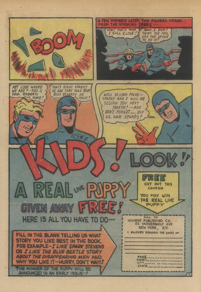 Blue Beetle (Fox / Dan Garrett), page 18. Blue Beetle (Dan Garrett). Public domain in the United States for Fox/Holyoke-era issues. Not Charlton or DC. Internet Archive folkscanomy scans used when Comic Book Plus returns 403.
